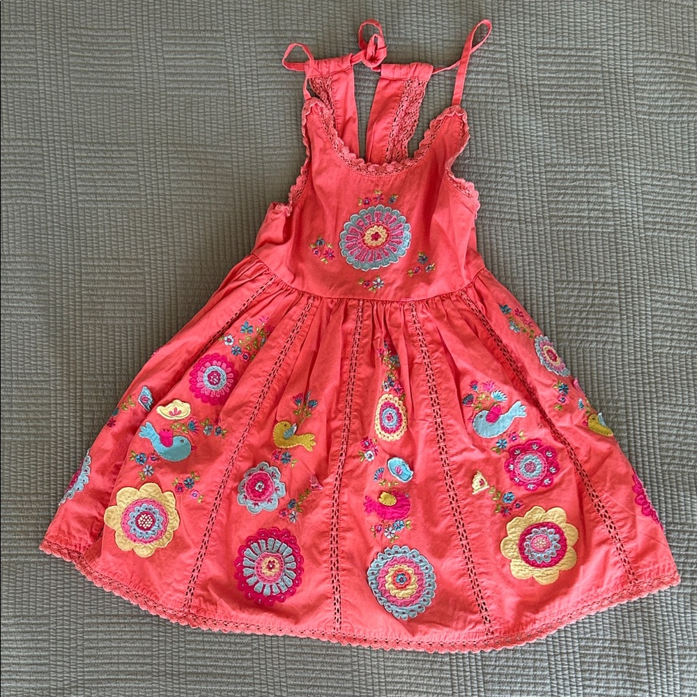 Girls Coral Embroidered Sundress with Bird & Floral Motifs